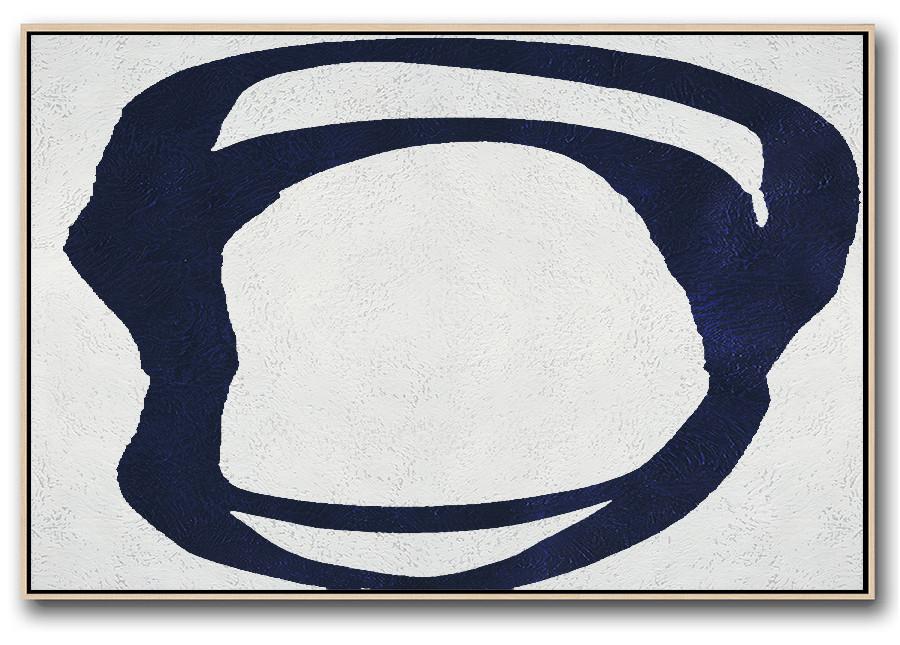 Horizontal Abstract Painting Navy Blue Minimalist Painting On Canvas - Stretched Canvas Artwork Extra Large